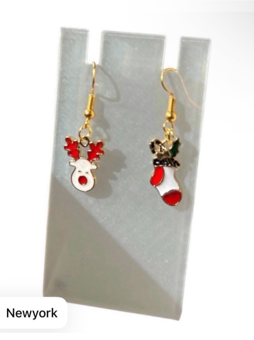 Christmas Dangle Earrings Reindeer & Stocking Holiday Gold Tone